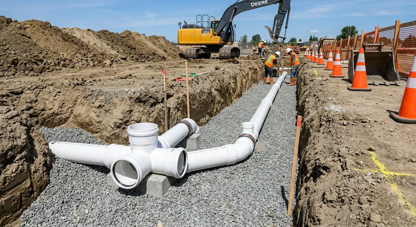 New PVC sewer pipe installation in open trench for Sewer Backup in Montgomery